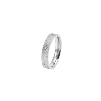 silver textured star ring with subtle crystal sparkle, minimalist stackable ring