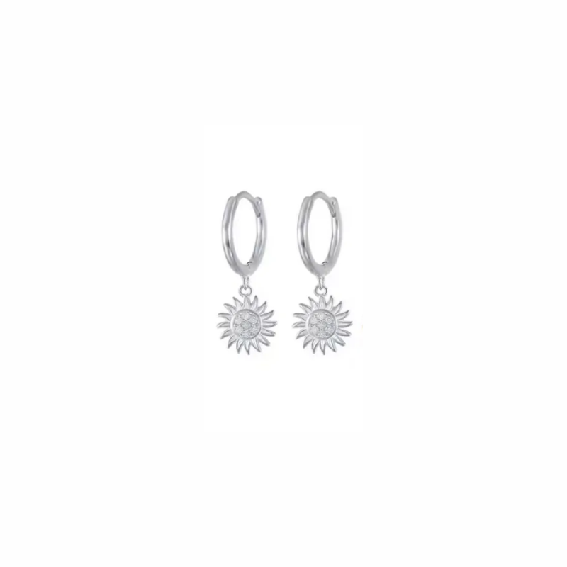 Sunburst silver huggie hoop earrings with radiant sun charm and pavé sparkle