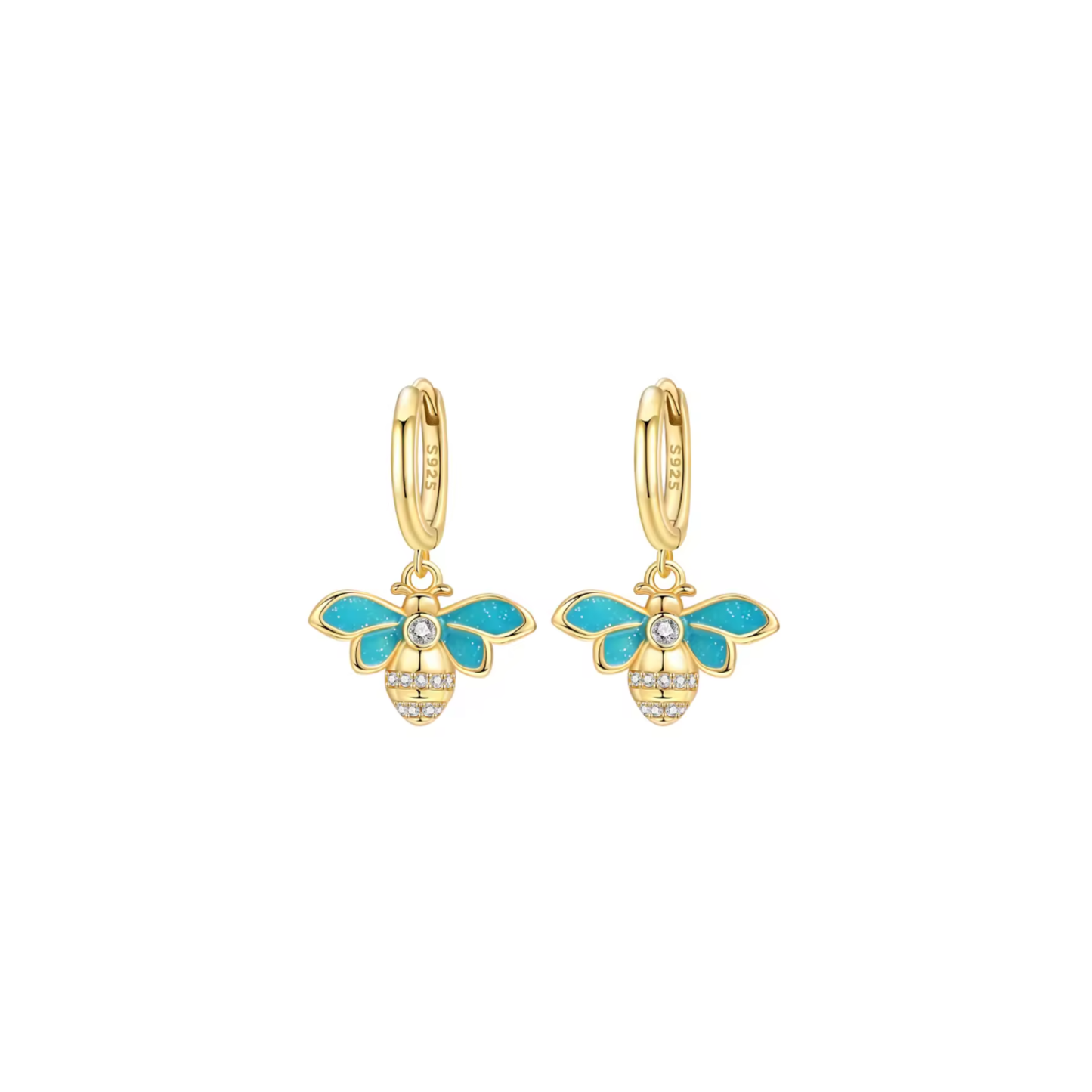 Turquoise enamel bee gold huggie earrings with zircon accents from the SOLA collection by Kjayde Jewellery