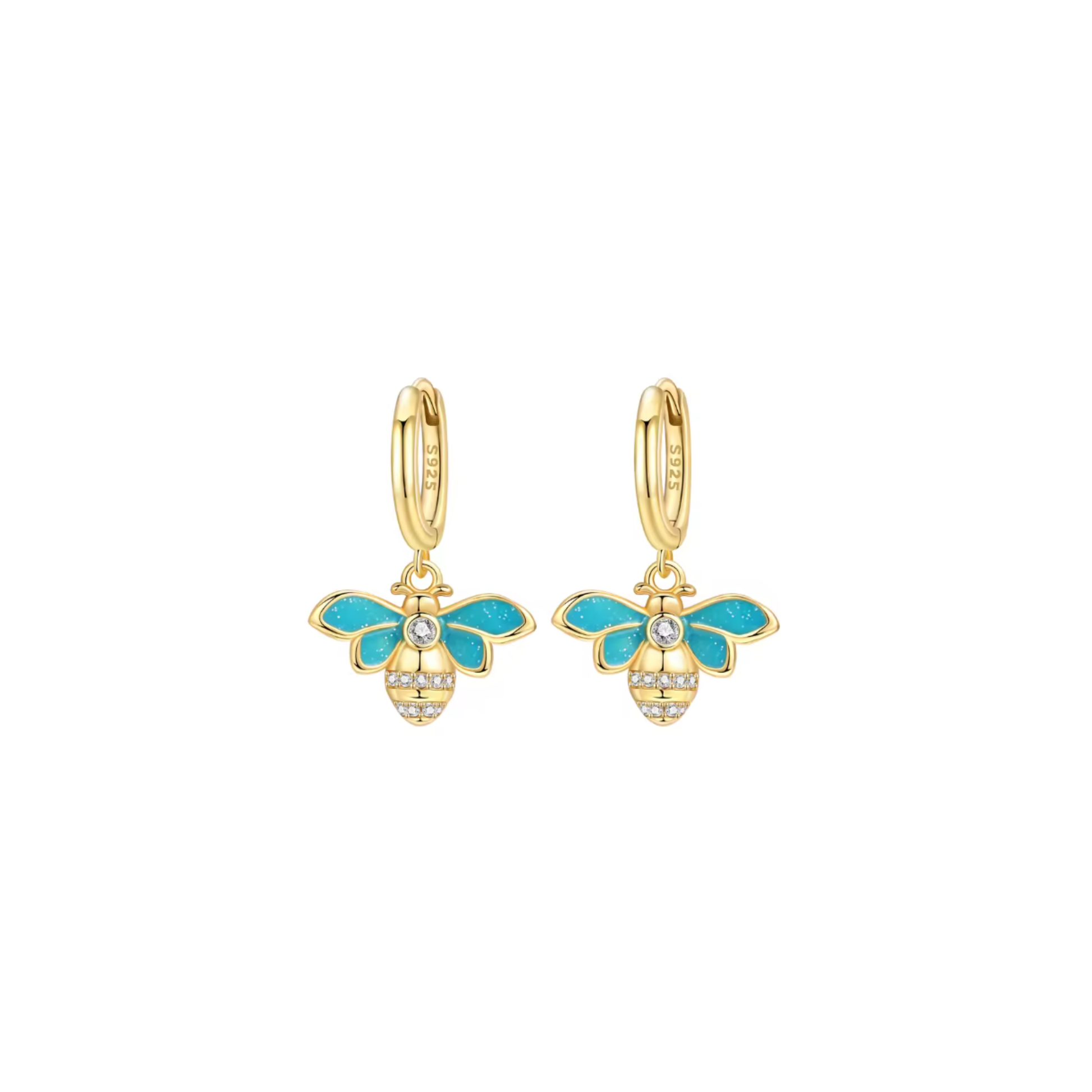 Turquoise enamel bee gold huggie earrings with zircon accents from the SOLA collection by Kjayde Jewellery