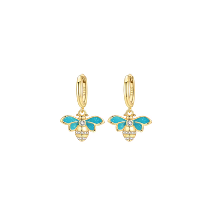 Turquoise enamel bee gold huggie earrings with zircon accents from the SOLA collection by Kjayde Jewellery