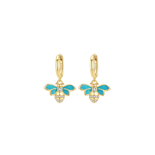 Turquoise enamel bee gold huggie earrings with zircon accents from the SOLA collection by Kjayde Jewellery