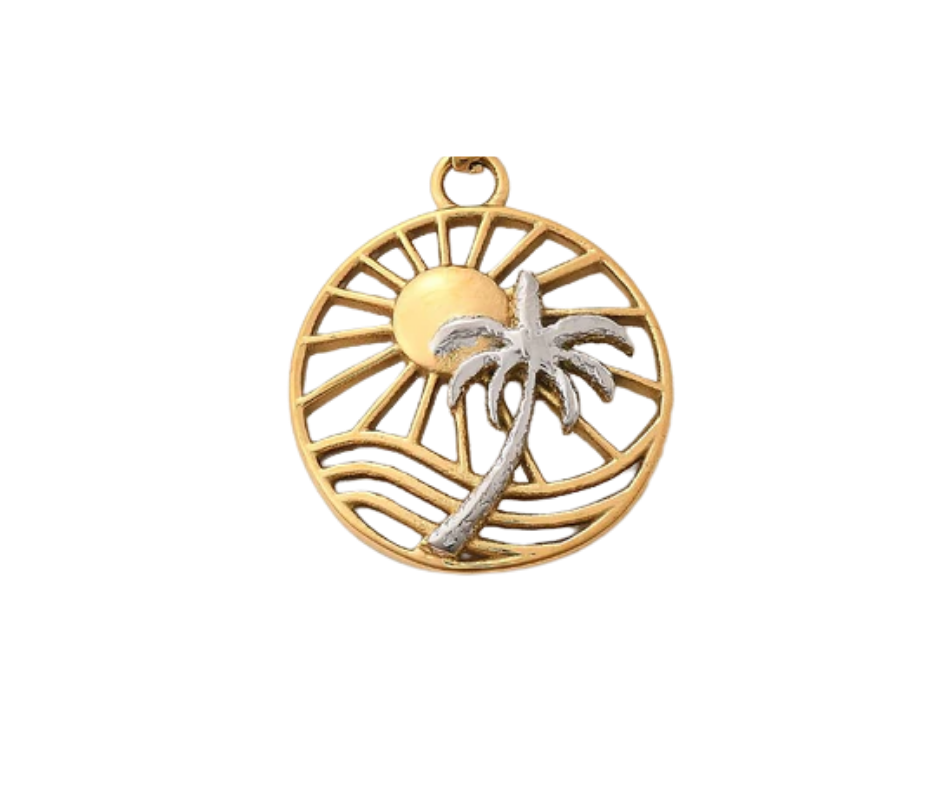 SOLE Palm Charm – tropical necklace charm with gold sun and silver palm tree, waterproof and tarnish-resistant coastal jewellery by KJAYDE