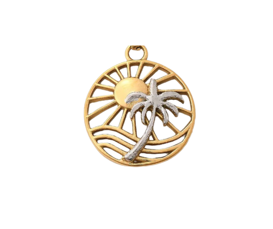 SOLE Palm Charm – tropical necklace charm with gold sun and silver palm tree, waterproof and tarnish-resistant coastal jewellery by KJAYDE