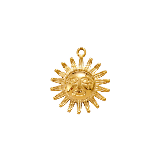 18K gold plated Solstice Sun Charm featuring a celestial sun face pendant with radiant sun rays