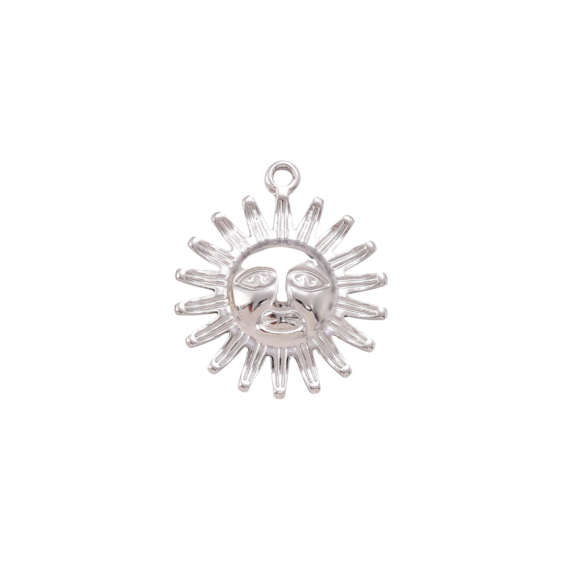 Silver stainless steel Solstice Sun Charm featuring a detailed celestial sun face pendant