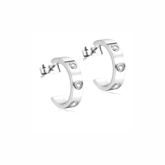 Dyani sterling silver half-hoop stud earrings with bezel-set clear stones