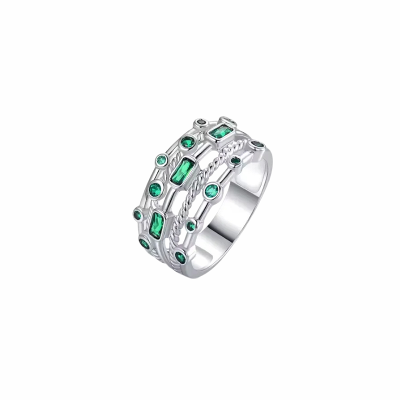 Aven sterling silver multi-row band ring with emerald-green baguette and round stones, rope detail