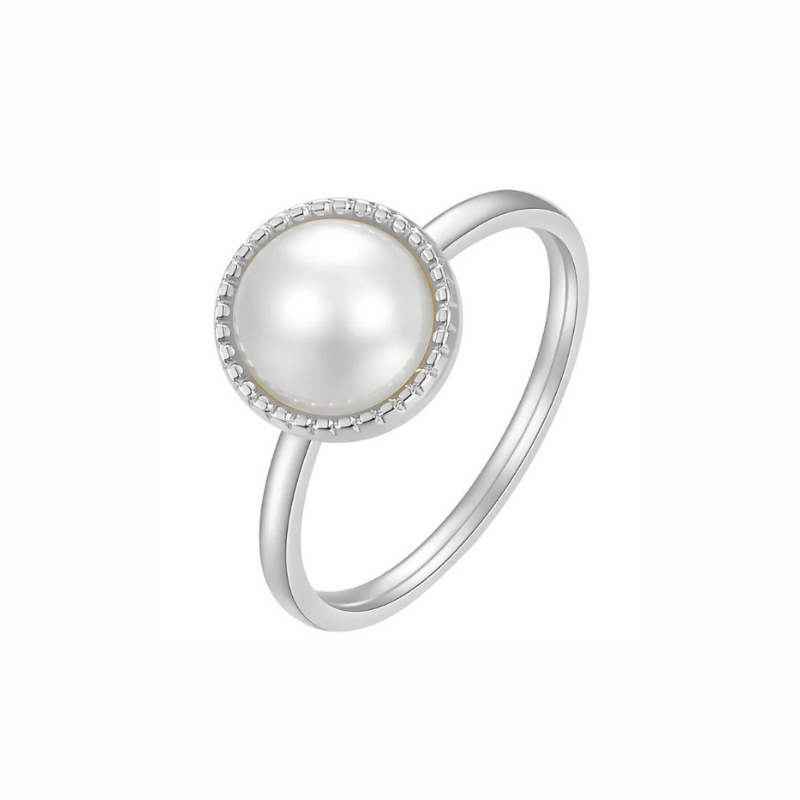 Gemma sterling silver pearl ring with milgrain bezel and slender band