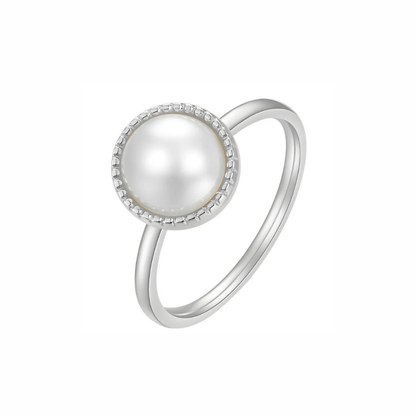 Gemma sterling silver pearl ring with milgrain bezel and slender band