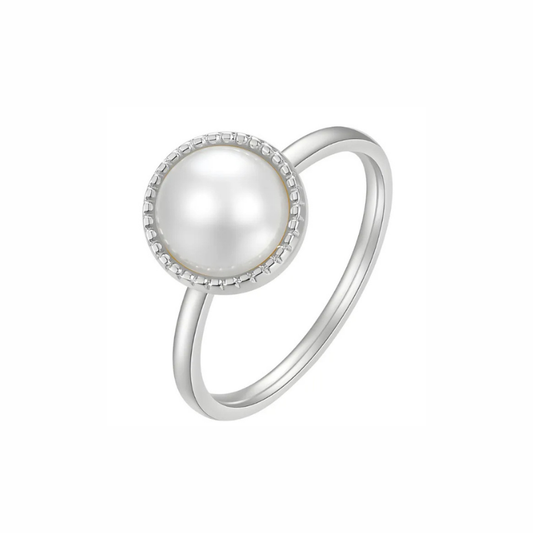 Gemma sterling silver pearl ring with milgrain bezel and slender band