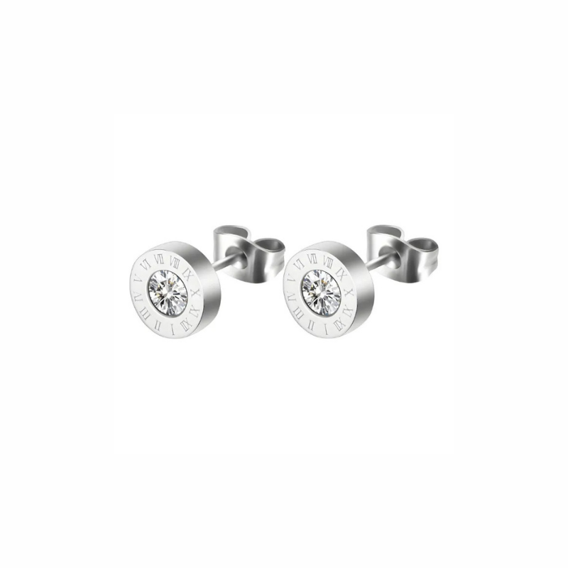 Alba sterling silver round stud earrings with Roman numeral halo and bezel-set clear stone