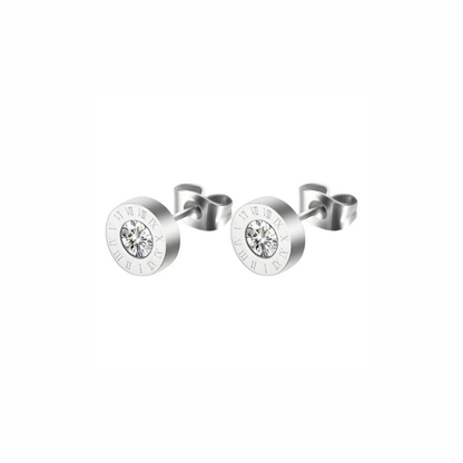 Alba sterling silver round stud earrings with Roman numeral halo and bezel-set clear stone