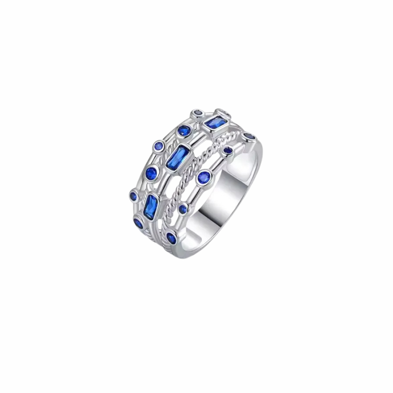 Aven sterling silver multi-row band ring with sapphire-blue baguette and round stones, rope detail