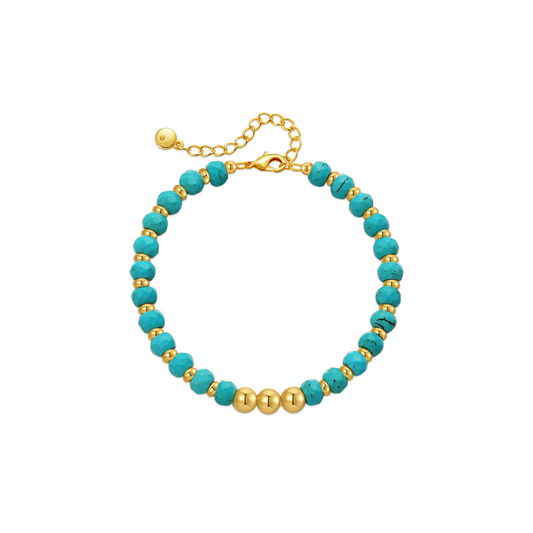 18k gold plated teal turquoise beaded bracelet with natural stone beads and adjustable clasp