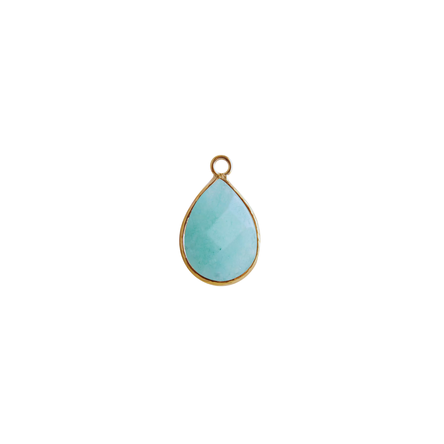 Gold-tone teardrop charm with aqua blue stone-style centre on white background