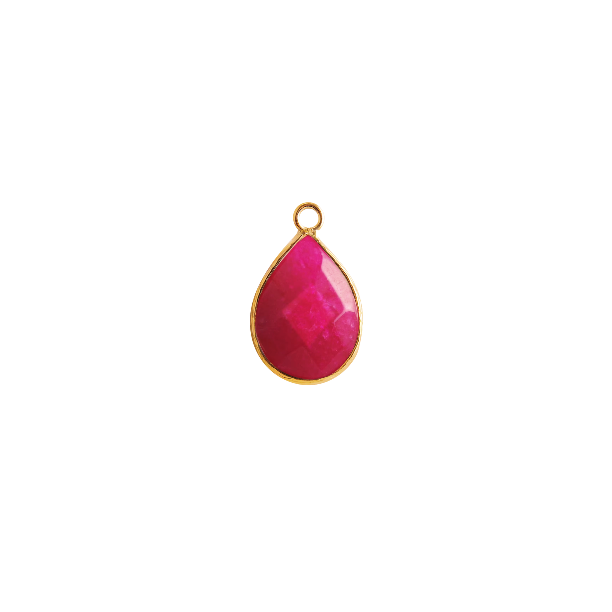 Gold-tone teardrop charm with rose red stone-style centre on white background