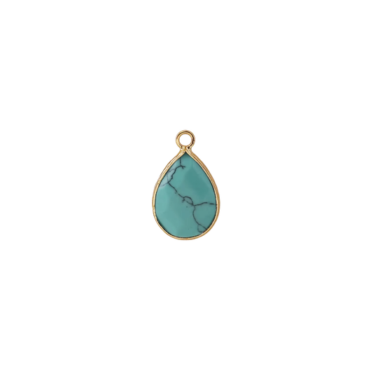 Gold-tone teardrop charm with turquoise marble-style stone centre on white background