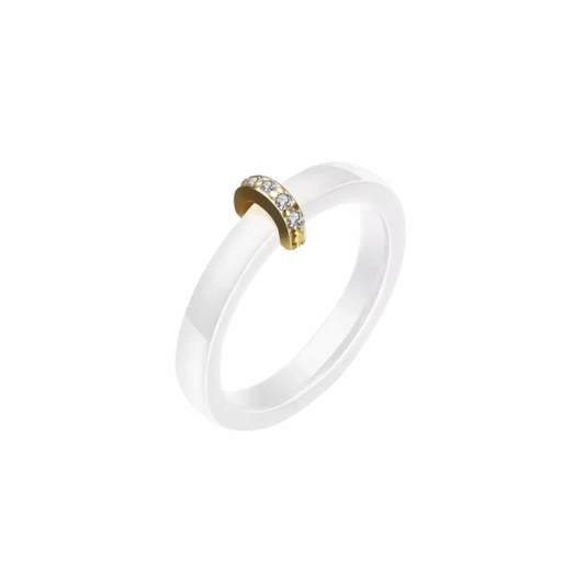 Jasper white ceramic band ring with gold pavé arc and clear stones