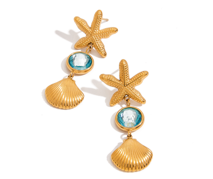 ZAYA gold starfish and shell earrings with aqua crystal drop – beach-inspired statement jewellery, waterproof and coastal chic by KJAYDE.