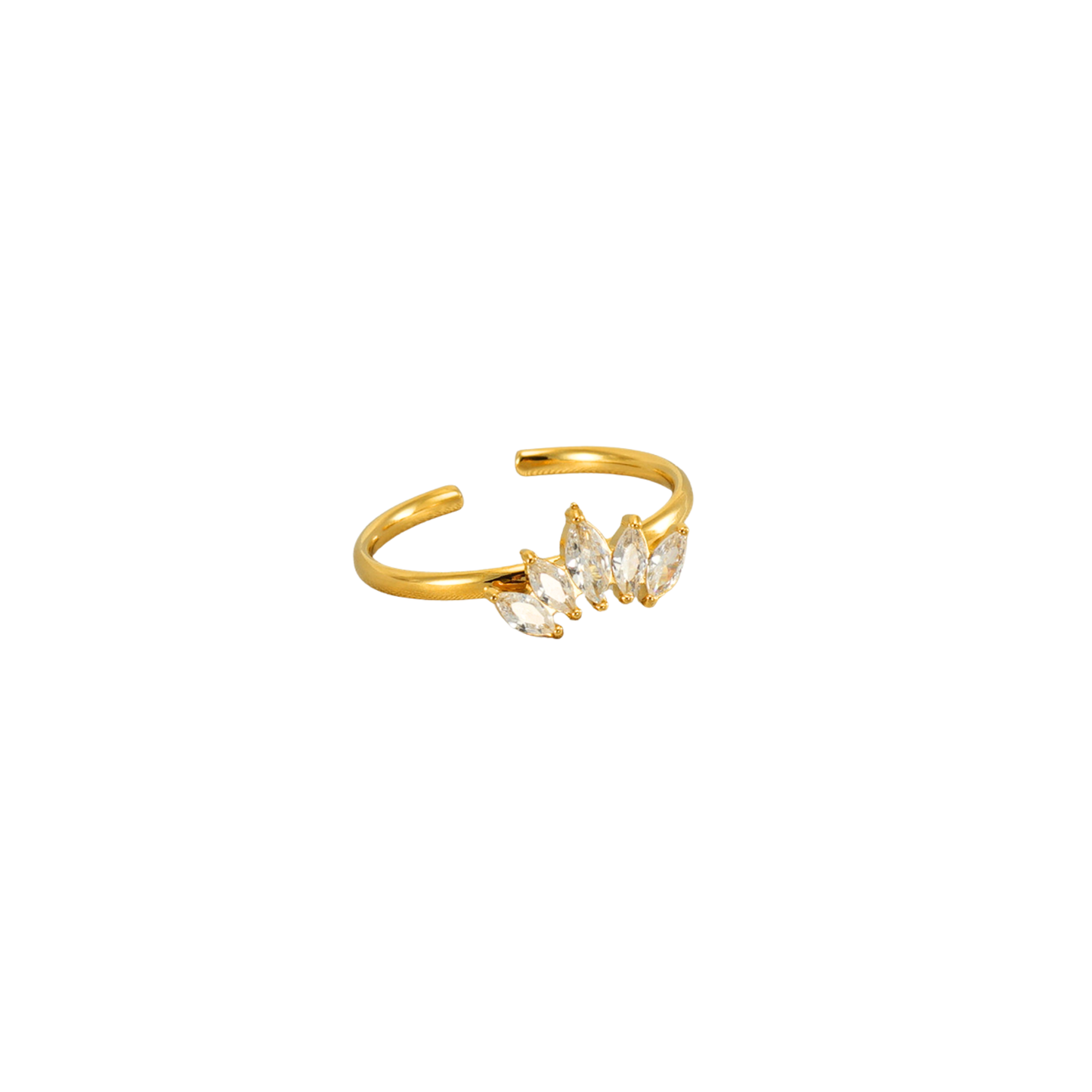 Zena Ring Perfect Fit adjustable gold ring featuring marquise-cut cubic zirconia stones in a delicate coastal-inspired design.