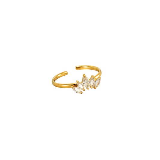 Zena Ring Perfect Fit adjustable gold ring featuring marquise-cut cubic zirconia stones in a delicate coastal-inspired design.